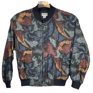 Vintage Carol Horn Workshop 100% Silk Bomber Jacket Womens M Blue Brown Abstract